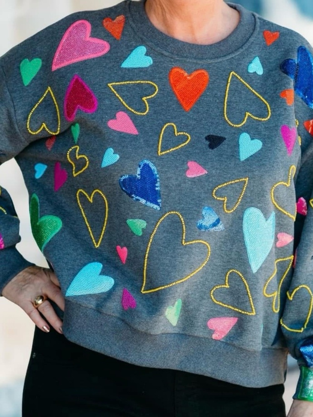QUEEN OF SPARKLES Gray Heart Sequin Sweatshirt with Multicolor Hearts